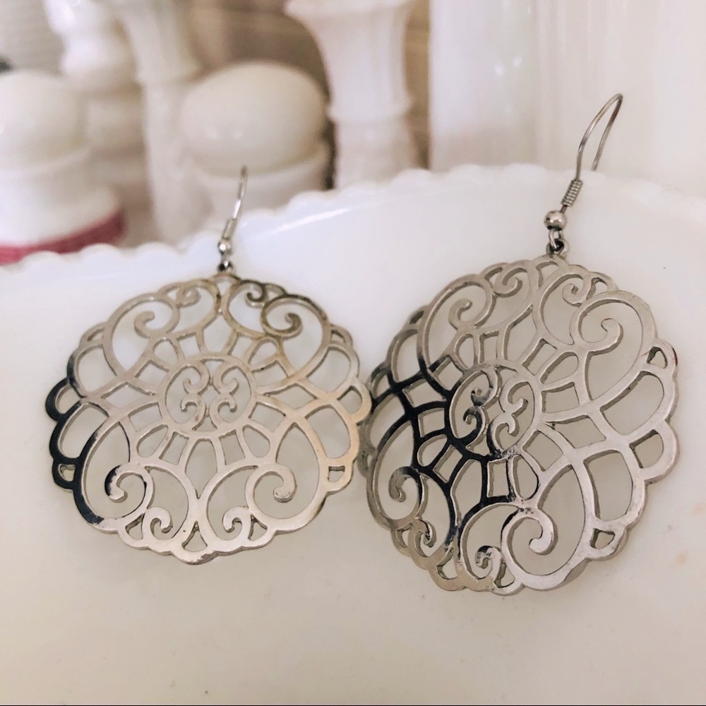 Silver round earrings 2” long